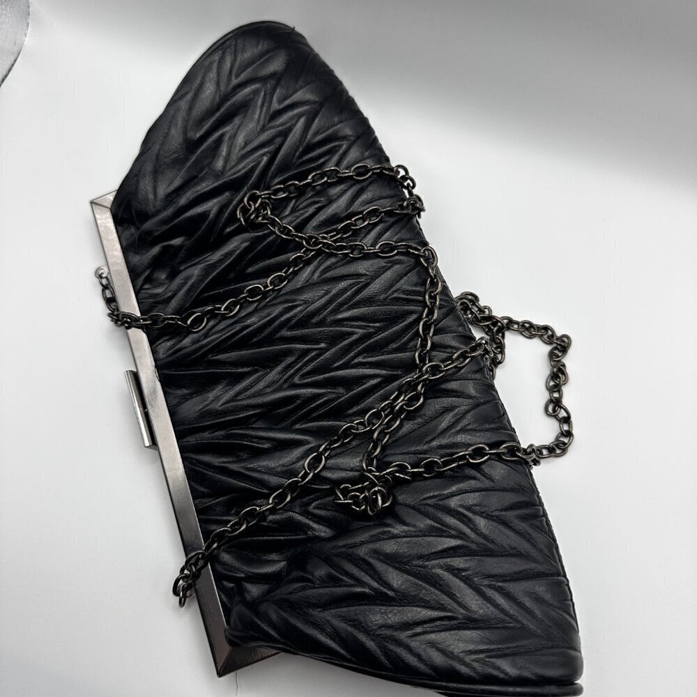 JESSICA McCLINTOCK CLUTCH OPTIONAL SHOULDER CHAIN EVENING BLACK FAUX LEATHER - Picture 2 of 7